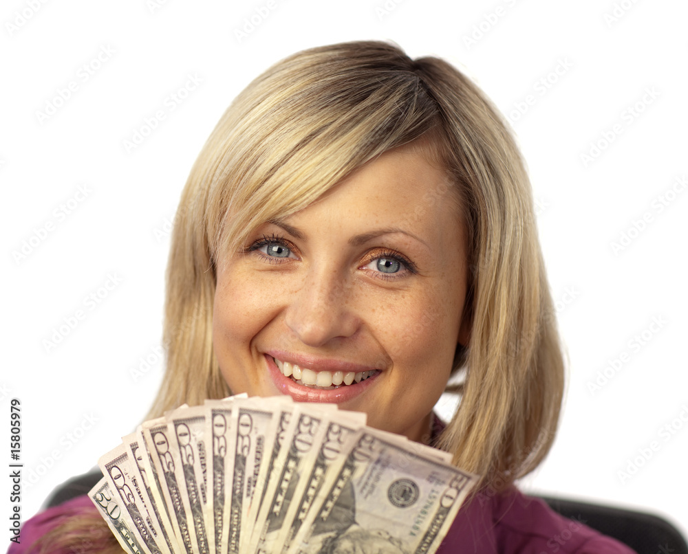 happy woman holding dollars happy woman holding dollars