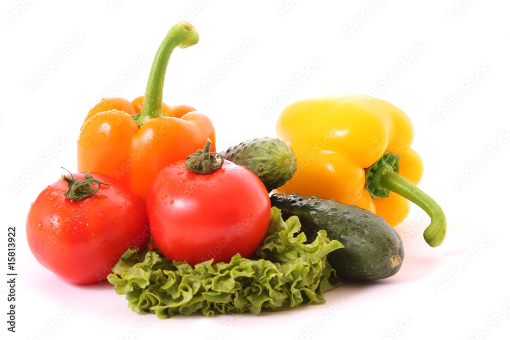 Different fresh vegetables on white background..