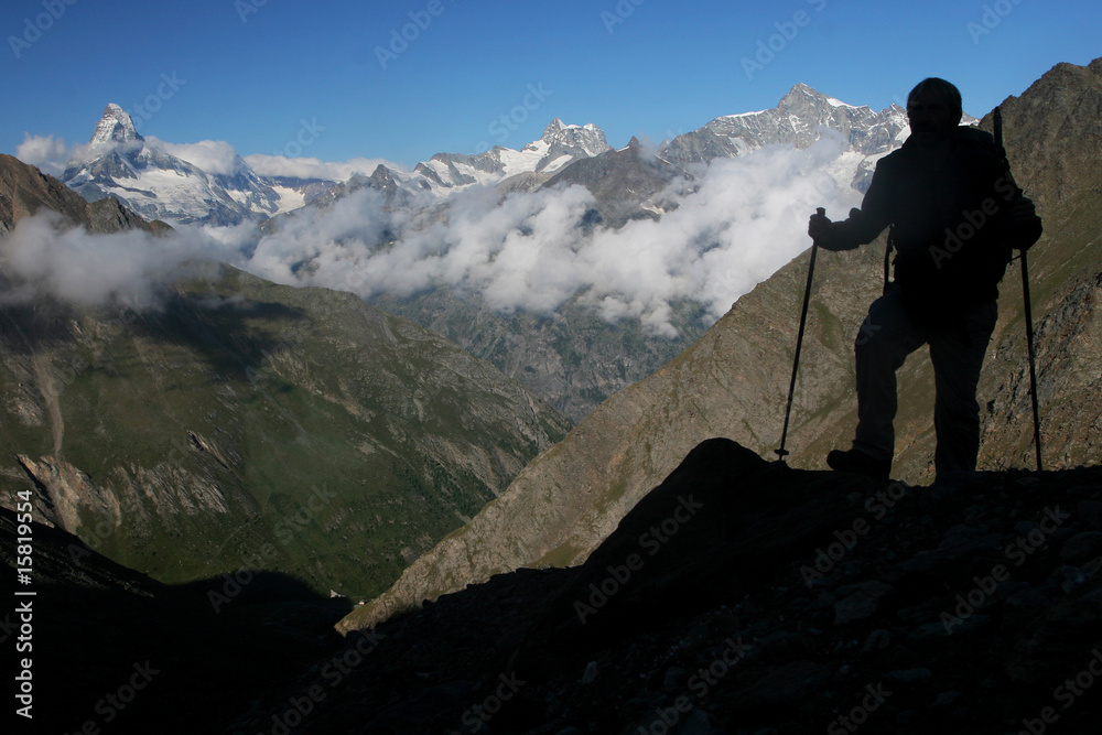 Outdoor activity - silhouette of a mountaineer.
