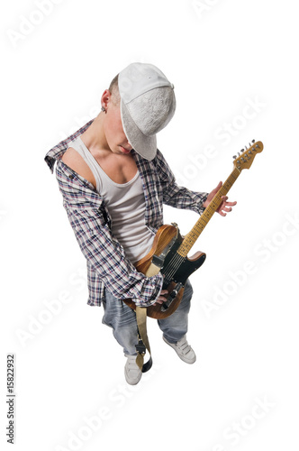 Cool young guitarist on white background