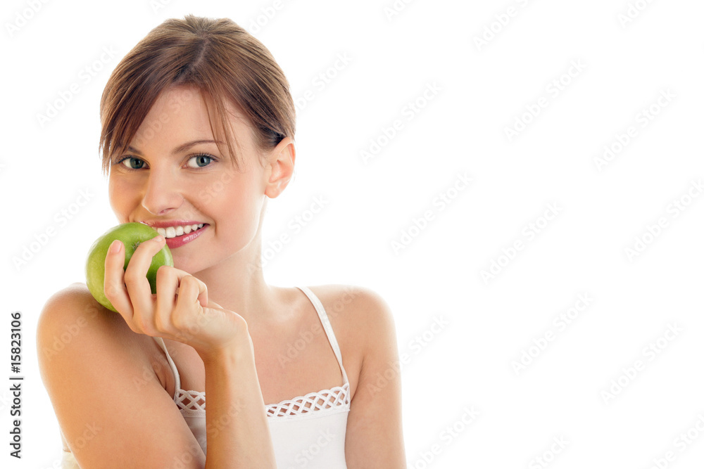 Portrait of young beauty woman with green apple Portrait of young beauty woman with green apple