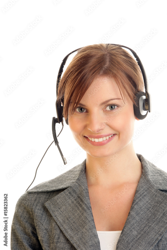 Friendly secretary/telephone operator wearing headset Friendly secretary/telephone operator wearing headset