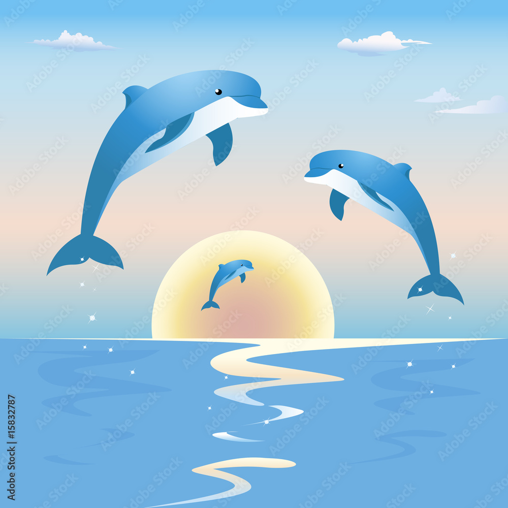 Fototapeta premium Jumping dolphins in front of a sunset over sea
