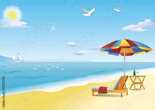 Chaise longue, beach table and beach umbrella