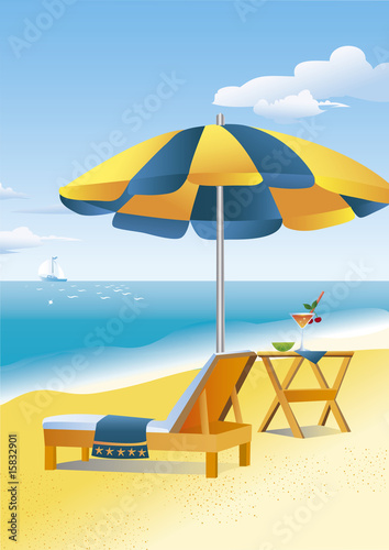Beach umbrella, chaise lounge and a drink on a beach table