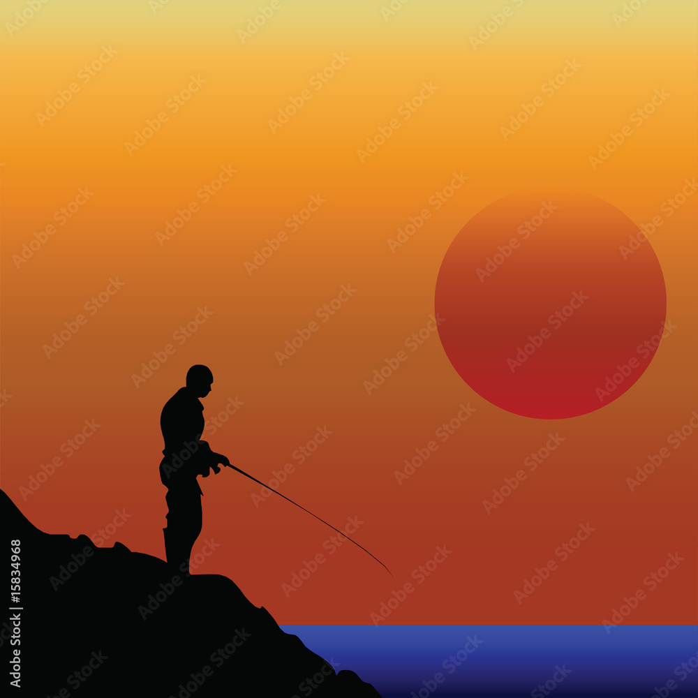 Fisherman silhouetted against a dawn or dusk sky