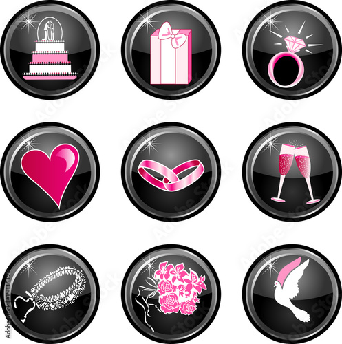 Nine black glossy wedding web icons with hot pink.