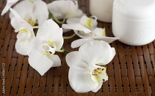 Face cream and white orchid on a bamboo mate