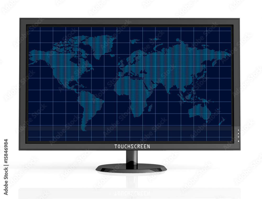 touchscreen lcd monitor with world map isolated on white touchscreen lcd monitor with world map isolated on white