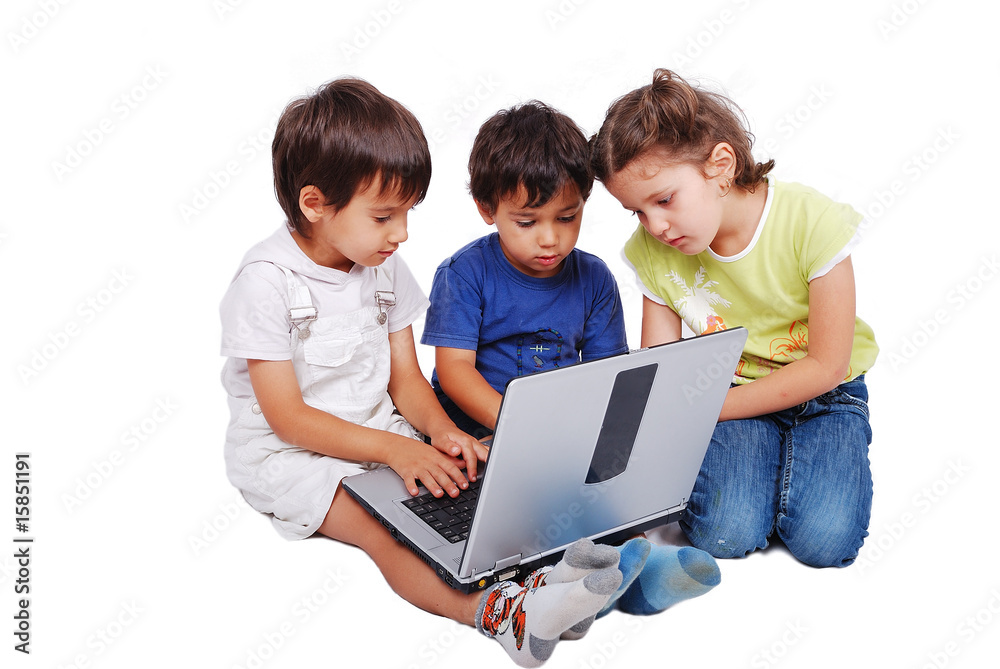 Chidren activities on laptop isolated in white Chidren activities on laptop isolated in white
