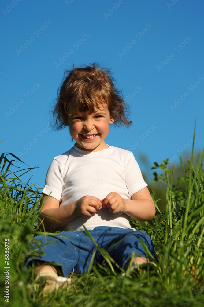 portrait of little smiling girl sitting in grass portrait of little smiling girl sitting in grass