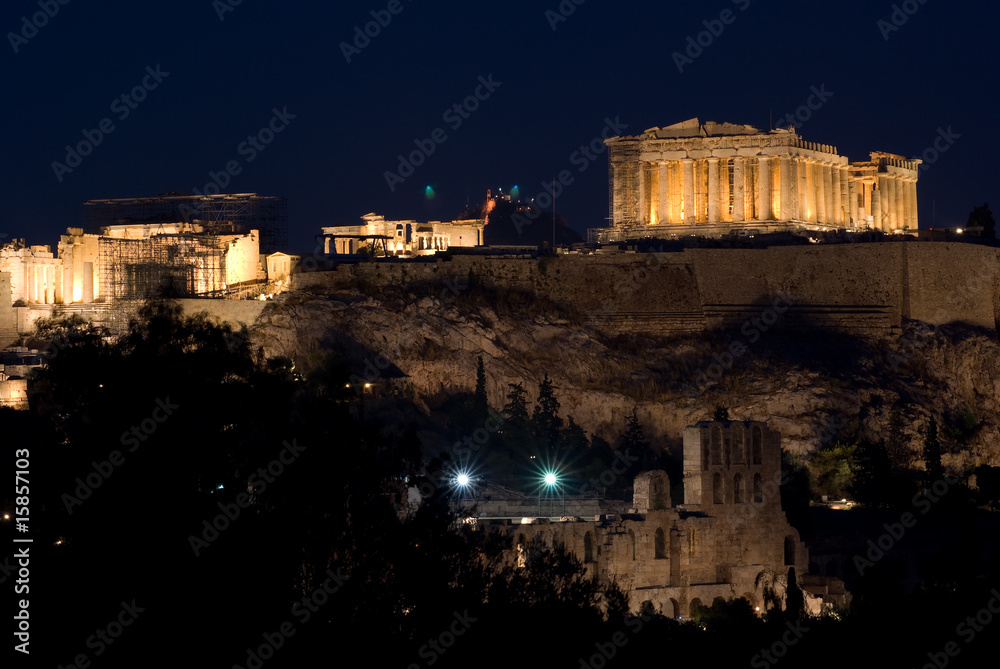 view of Acropolis and Parthenon by night view of Acropolis and Parthenon by night