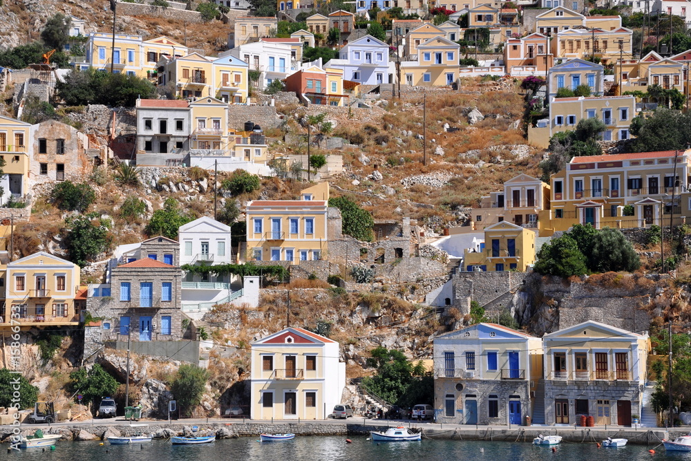 Colored houses on island Symi, Rhodes
