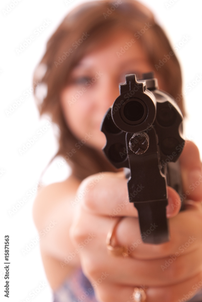Woman aiming in camera isolated on white Woman aiming in camera isolated on white