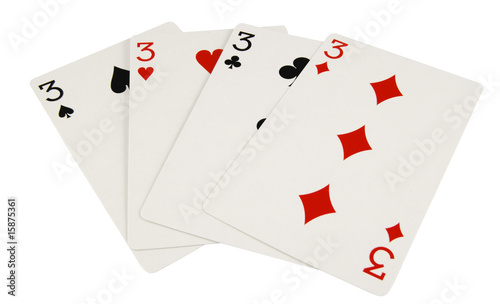 four three playing cards isolated on white background