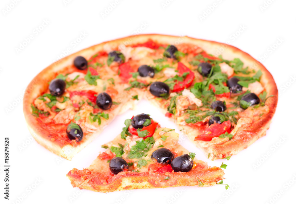 Fototapeta tasty Pizza with olives closeup