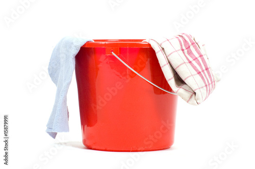 red bucket with cleaning tools  isolated on white