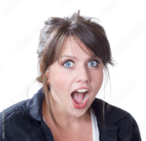 Close-up of shock and surprise expression on young woman