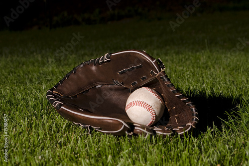 Basball and mitt after a night game