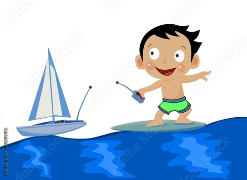 baby surfing and playing with ship toy