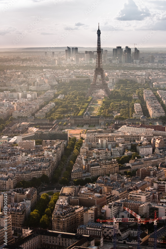 Aerial view of Eiffel tower and La Defense
