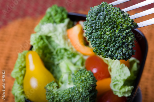 Broccoli on Fork above Salad
