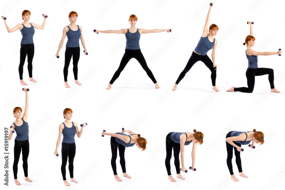Woman with Dumbbells in Various Poses Woman with Dumbbells in Various Poses
