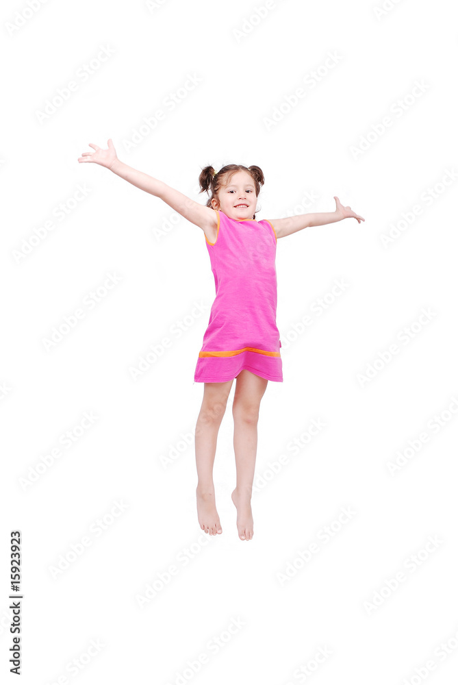 Happy cute girl in white clothes is jumping isolated Happy cute girl in white clothes is jumping isolated