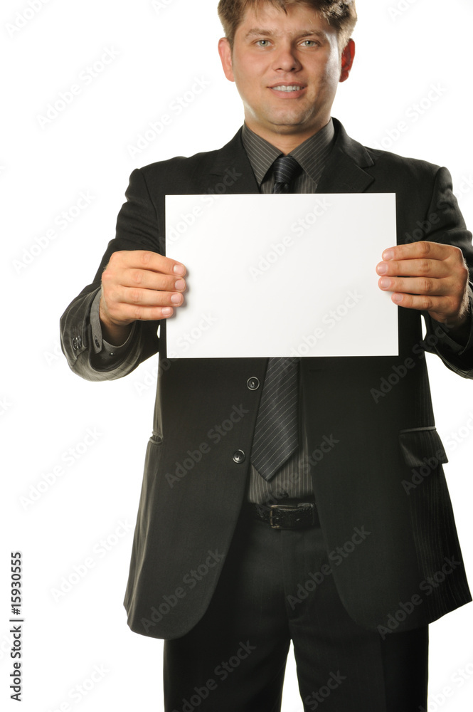 Young the man holds blank signs Young the man holds blank signs
