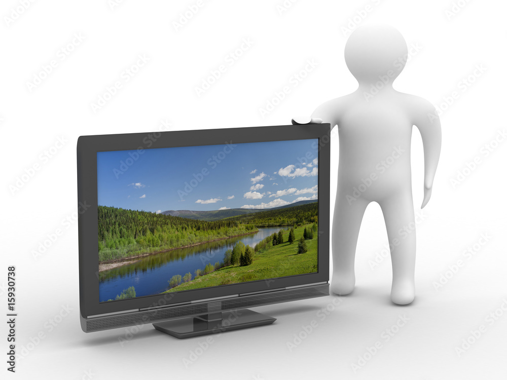 TV and man on white background. Isolated 3D image TV and man on white background. Isolated 3D image