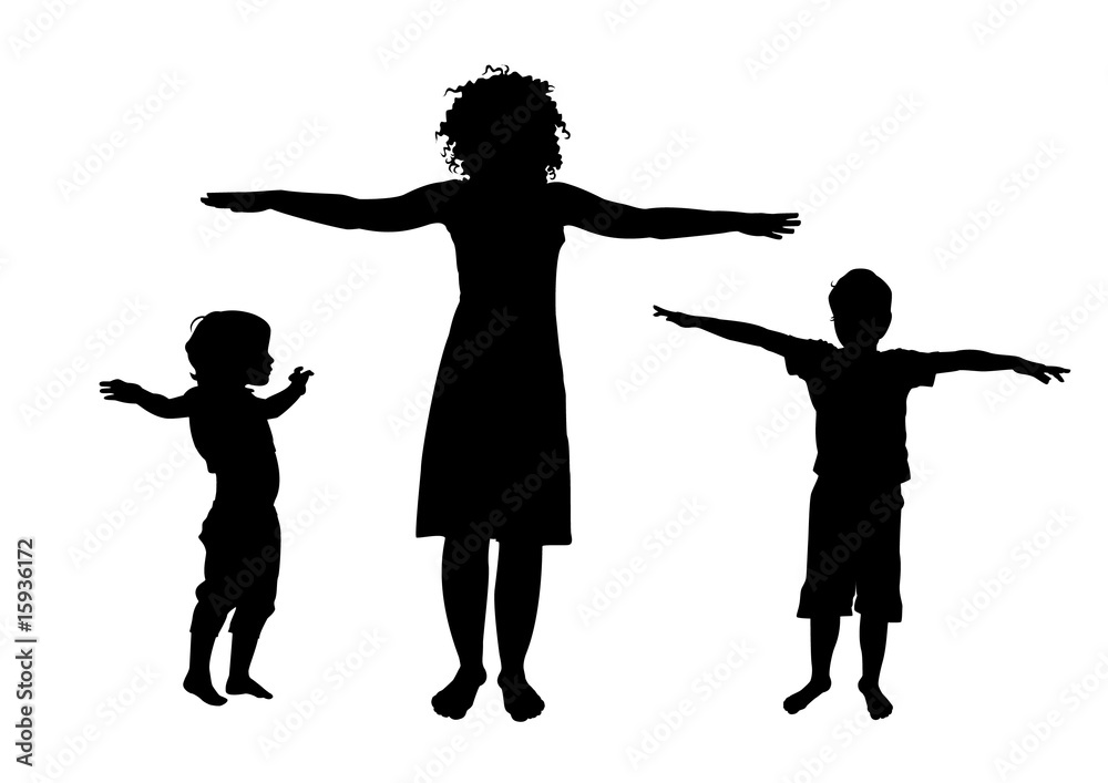 Mother and children sport training silhouette vector