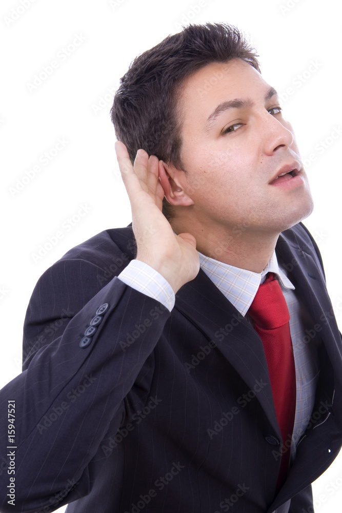 portrait of a young business man which overhears conversation