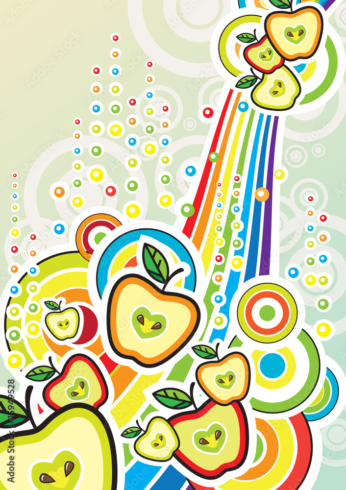 Fototapeta premium Funky colorful background with apples and rainbow