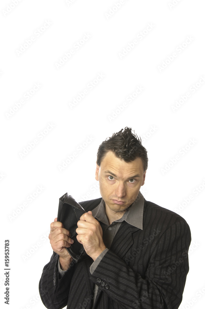Trauriger Business-Punk, Manager mit leerer Brieftasche Trauriger Business-Punk, Manager mit leerer Brieftasche