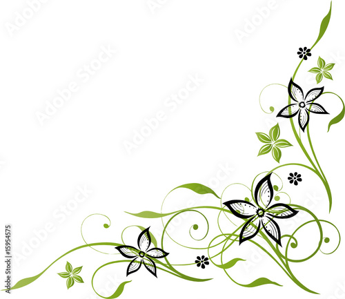 Ranke mit Blumen, schwarz, grün, Grüntöne