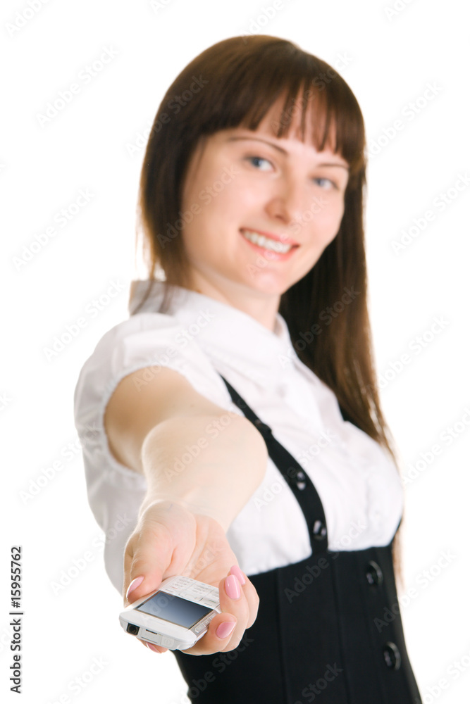 Young businesswoman holding out a mobile phone Young businesswoman holding out a mobile phone