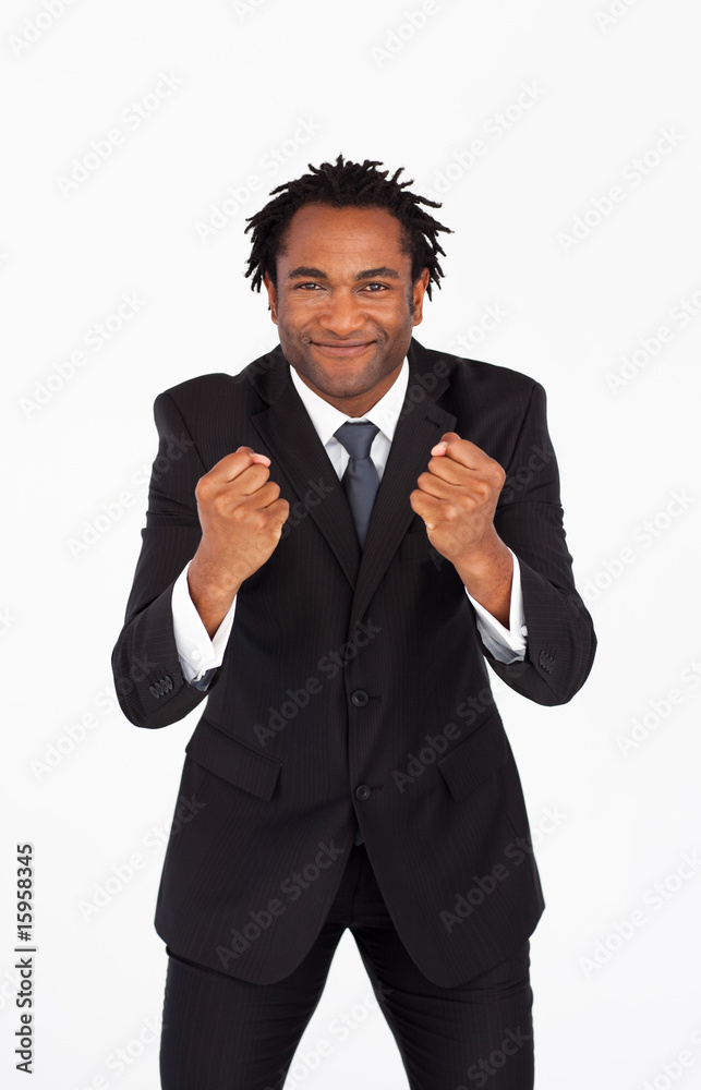 Excited young businessman in front of the camera Excited young businessman in front of the camera