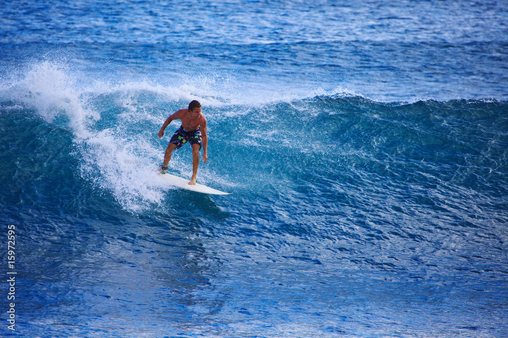 Young man surfing at Point Panic, Hawaii