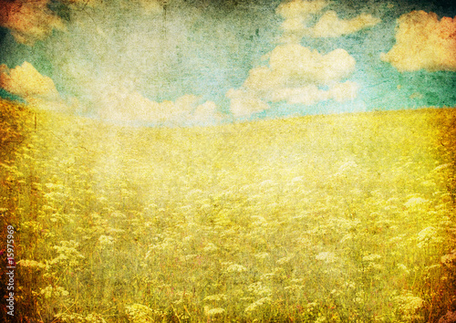 image of blooming field over vintage paper