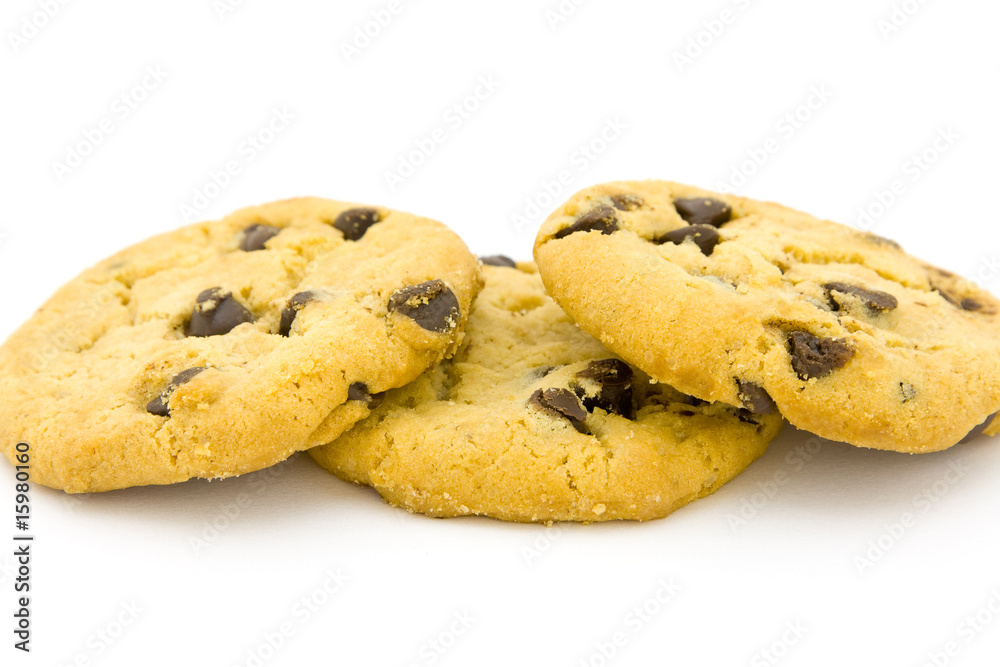 Chocolate chip cookies on a white surface