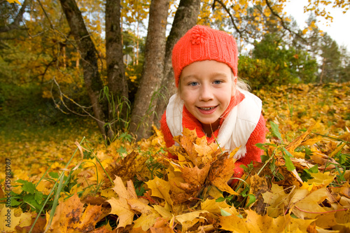 Beautiful little girl with autumn leaves outdoors......