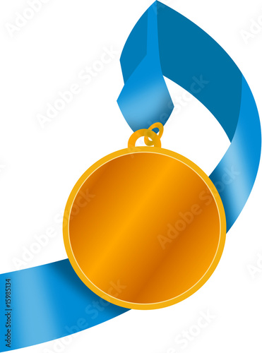 Gold medal with blue ribbon photo