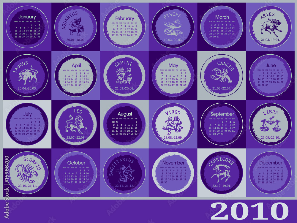 10 Calendar With The Twelve Zodiac Signs Vector Illustraton Stock Vector Adobe Stock