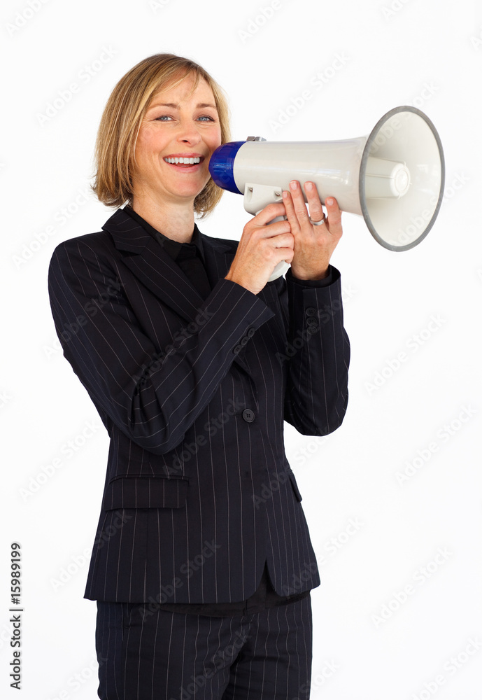 Businesswoman with a megaphone smiling at the camera Businesswoman with a megaphone smiling at the camera