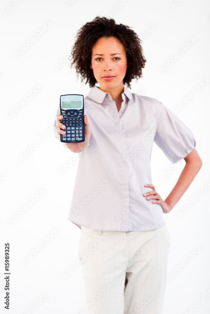 Afro-American businesswoman showing a calculator Afro-American businesswoman showing a calculator