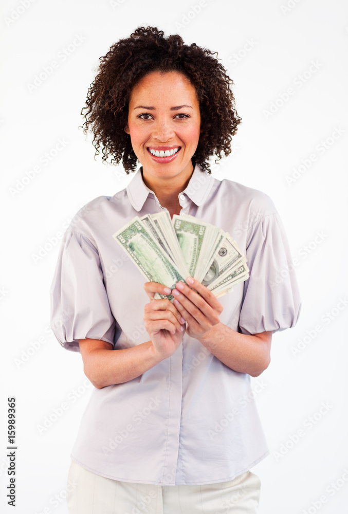 Smiling Afro-American businesswoman showing dollars Smiling Afro-American businesswoman showing dollars