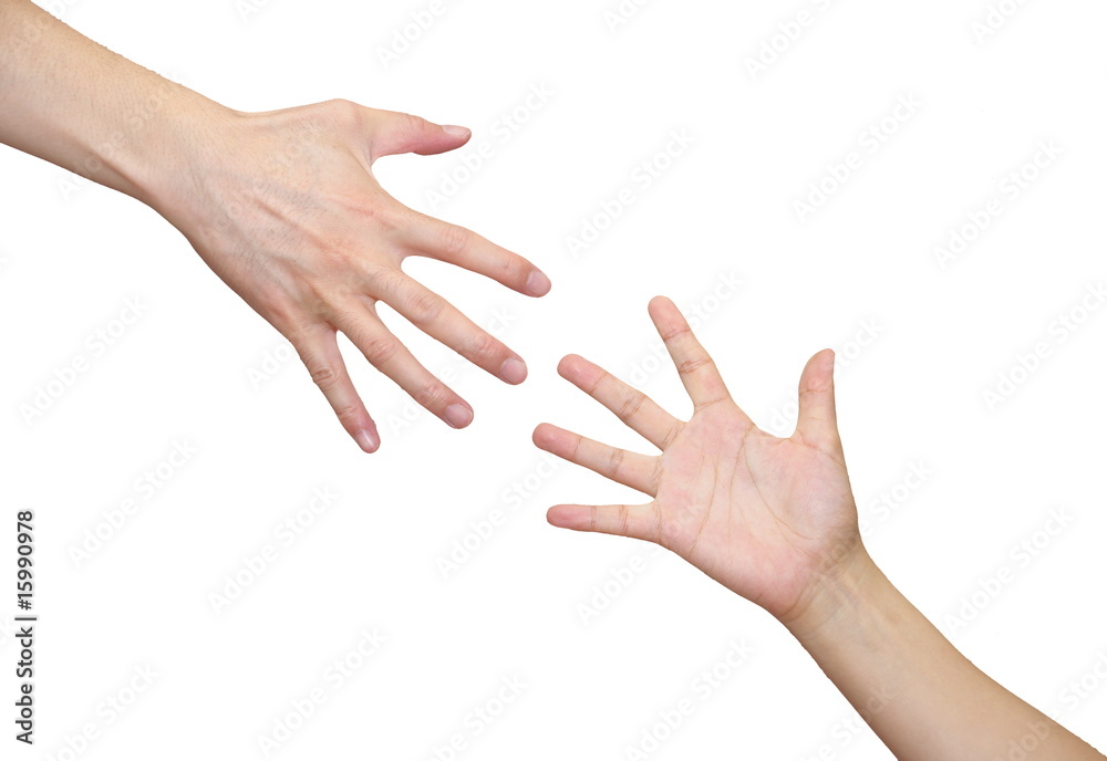 reaching hands over white background