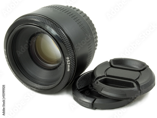 Isolated Black Camera DSLR lens and lens cap