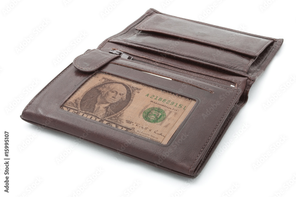 Brown purse with dollar inside isolated Brown purse with dollar inside isolated