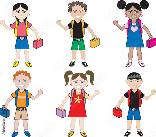 Little Kids with Backpacks and Lunchboxes